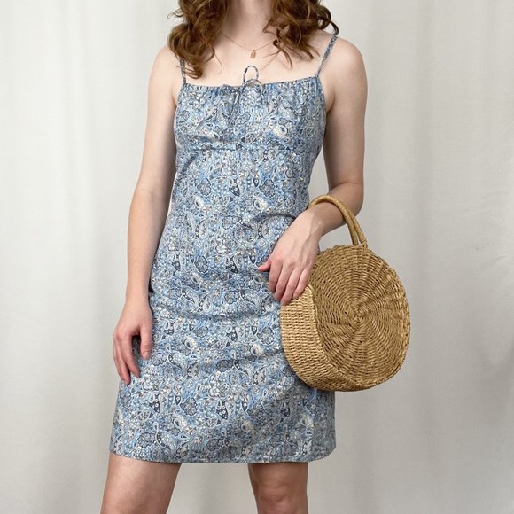 Vintage Mini Slip Summer Dress Square Neck Empire Tie Bow Paisley Floral 90s Y2K - Picture 7 of 7